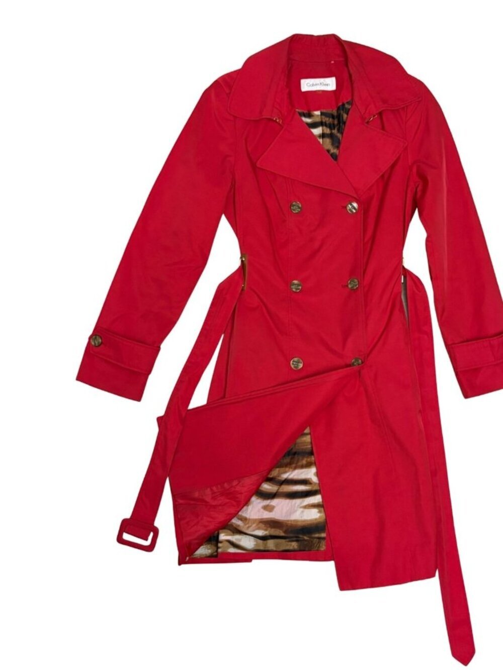CALVIN KLEIN Trench Coat Red Business Casual Tiger Print Jacket Womens Small